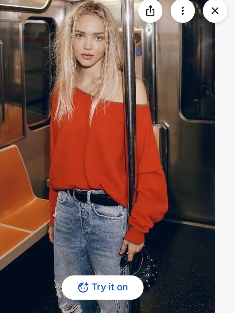Free People Off-the-Shoulder Bright Red Sweater with Brown trim. Size S.